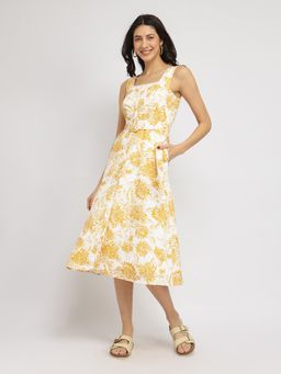 FableStreet - Fit And Flare Floral Midi Dress - Yellow