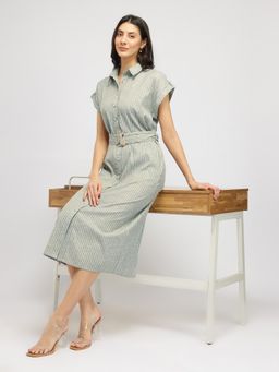 FableStreet - Cotton Blend Shirt Midi Dress - Olive