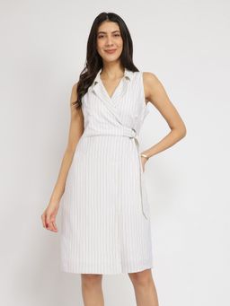 FableStreet - Linen Wrap Knee Dress - White