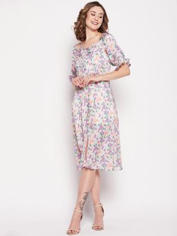Madame - Floral Print Sweetheart Tie-Up Detailed Neck A-Line Midi Dress