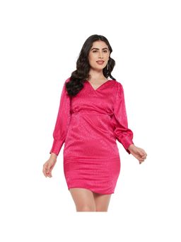 Madame - Self Design Surplice Neckline Hot Pink Mini Dress