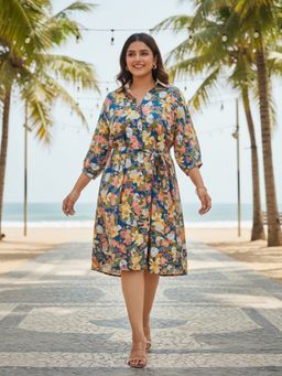 Qurvii - Multi Floral Print Moss Crepe Shirt Dress With Belt