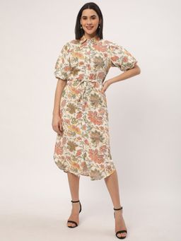 R&B - Women Ivory Floral Print Collar Neck Half Sleeves Shirt Midi Dress with Belt