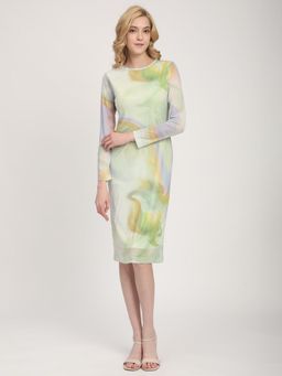 R&B - Women Abstract Print Crew Neck Full Sleeves Knee Length Dress
