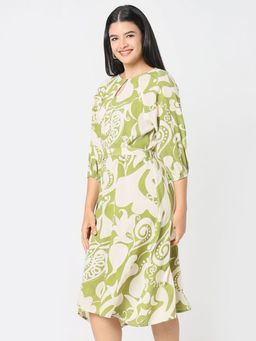R&B - Women Green Printed Keyhole Neck Three Fourth Sleeves A-Line Midi Dress