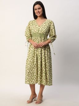 R&B - Women Green Polka Dots Print V-Neck Three Fourth Sleeves A-Line Midi Dress