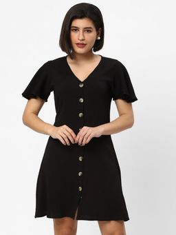 R&B - Women Black Solid V-Neck Half Sleeves A-Line Mini Dress
