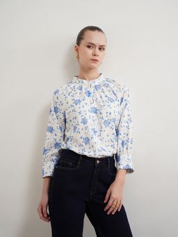 FABLE STREET - Floral Mandarin Collar Top - White