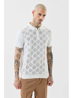 Snitch - Off-White Textured Half Sleeves Casual Polo T-shirt