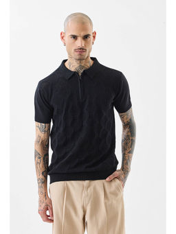 Snitch - Black Textured Half Sleeves Casual Polo T-shirt