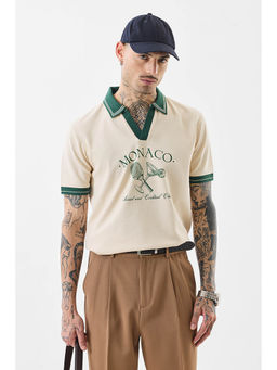 Snitch - Cream Printed Half Sleeves Slim Casual Polo T-shirt