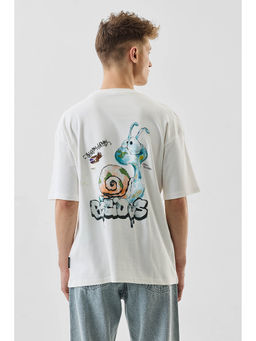 Snitch - Off-White Graphic Print Half Sleeves Oversized T-shirt