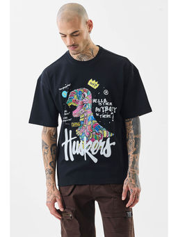 Snitch - Black Graphic Print Half Sleeves Oversized T-shirt