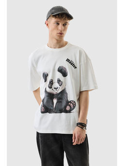 Snitch - Off-White Graphic Print Half Sleeves Oversized T-shirt