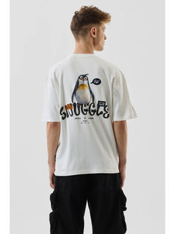 Snitch - Off-White Graphic Printed Half Sleeves Oversized T-shirt