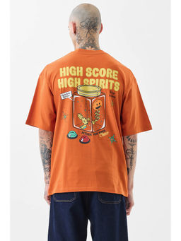 Snitch - Orange Graphic Printed Half Sleeves Oversized T-shirt