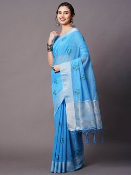 Odette - Sky Blue Festive Linen Blend Embroidered Saree with Unstitched Blouse