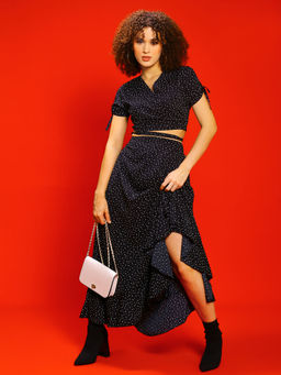 Sera - Black Polka Dots Printed V-Neck Wrap Top with Flared Skirt Co-Ord (Set of 2)