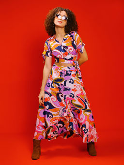 Sera - Multi-Color Paisley Print V-Neck Wrap Top with Flared Skirt Co-Ord (Set of 2)
