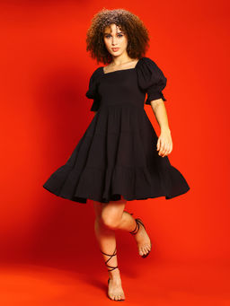 Sera - Black Tiered Dress Mini with Puffed Sleeve