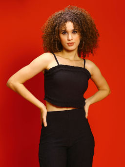 Sera - Black Ruffled Strappy Crop Top