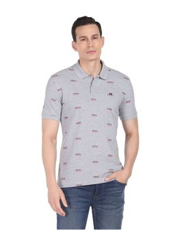 AD By Arvind - Men Grey Heathered Typography Print Cotton Polo Shirt