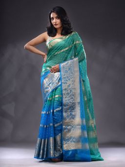 CHARUKRITI - Sea Green And Sky Blue Saree With Nakshi Designs & Stripe with Unstitched Blouse