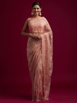 Koskii - Peach Thread Work Net Designer Saree With Unstitched Blouse