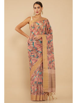 Soch - Peach Silk Blend Abstract Printed Saree with Unstitched