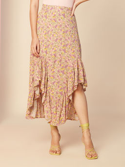 Twenty Dresses by Nykaa Fashion - Beige Floral Printed Asymmetric Midi Skirt