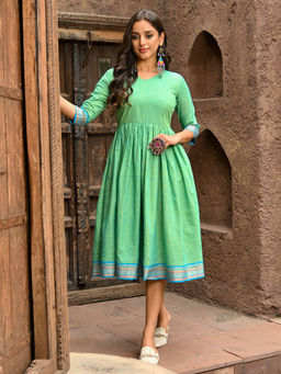 Vinya - Green Cotton Fit and Flare Dress