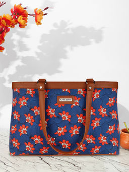 FLYING BERRY - Blue Ethnic Floral Print Handcrafted Vegan Leather Sustainable Shoulder Laptop Bag