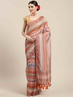 Silk Land - Stripes Printed Silk Kalamkari Saree with Unstiched Blouse Piece Multi-Color