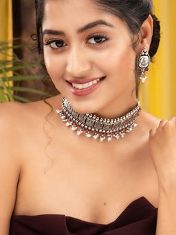 Saraf RS Jewellery - Oxidised Silver Plated Red stone studded Choker Necklace Jewellery Set
