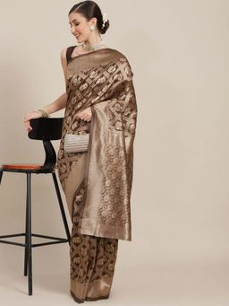 Sareemall - Women Cotton Blend Brown Designer Saree with Unstitched Blouse