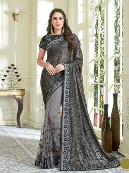 Odette - Black Grey Net Lycra Designer Saree with Unstitched Blouse