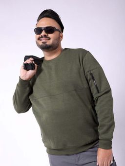 Hardsoda - Men Crew Neck Solid Olive Sweatshirt