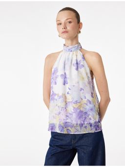 Koton - Womens Lavender Floral Halter Neck Chiffon Top