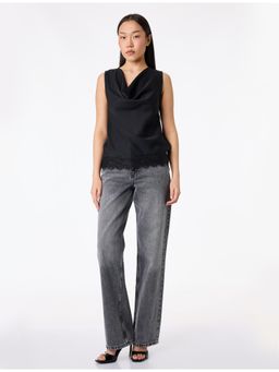 Koton - Womens Black Lace Detail Satin Top