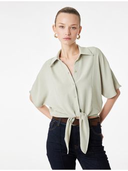 Koton - Womens Green Tie Detail Crop Shirt
