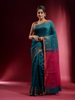 CHARUKRITI - Teal with Zari Paisley Pattern and Contrast Pallu Saree with Unstitched Blouse