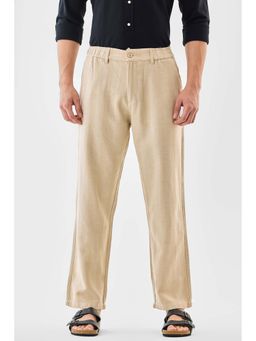 Snitch - Men Beige Cotton Blend Stripes Regular Fit Casual Trouser