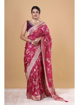 VGlame - Woven Pink H.O Fabric Saree With Unstitched Blouse