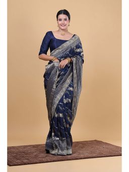 VGlame - Teal Blue H.O. Lehariya Saree With Unstitched Blouse