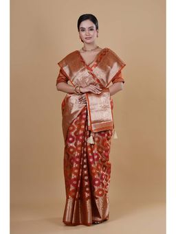 VGlame - Rust Fancy Zari Border Buti Saree With Unstitched Blouse