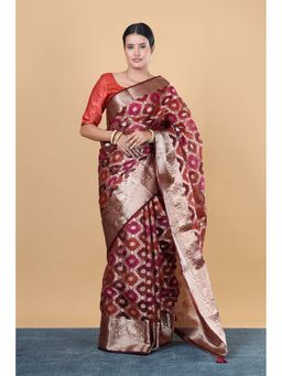 VGlame - Burgundy Fancy Zari Border Buti Saree With Unstitched Blouse