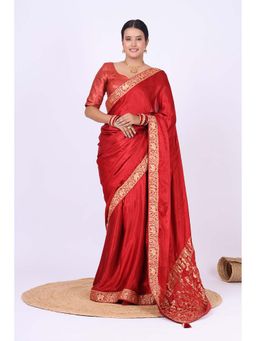 VGlame - Brick Red Gajji Silk Mor Pallu Zari Banarasi Border Saree With Unstitched Blouse