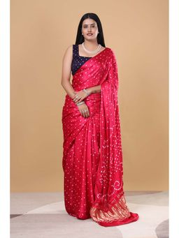 VGlame - Printed Dark Pink Gajji Bandhej Saree With Unstitched Blouse