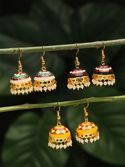Yellow Chimes - Set of 3 pair Gold-Plated Meenakari Jhumka Earrings