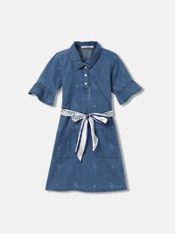 ELLE - Kids Girls Blue Printed Shirt Collar Short Sleeves Dress (Set of 2)
